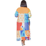 Print 3/4 Sleeve Color Block Loose Maxi Dress