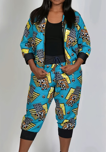 Print Plus Size Fashion Casual 2PCS Jacket and Cropped Trackpants Set