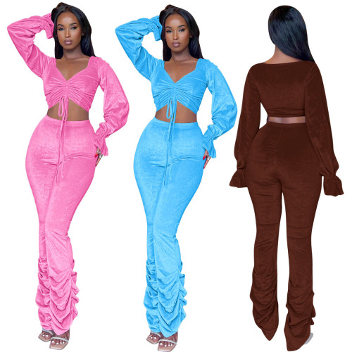 Sexy Velvet Drawstring Ruched Long Sleeve Crop Top + Pants 2PCS Set