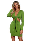 Sexy Solid Long Sleeve Knot V-Neck Cutout Bodycon Dress