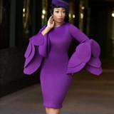 Purple Petal Sleeves Slim Waist Elegant Midi Dress