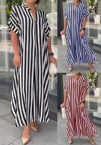 Side Slit Striped Loose Casual Short Sleeve Maxi Dress