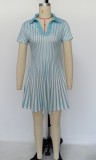 Stripe V Neck Short Sleeve Print Midi Dress