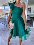 Solid One Shoulder Sleeveless Mesh Patchwork Party Dress