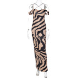 Trendy Printed Slim Dress Off Shoulder Low Back Straps Maxi Dress