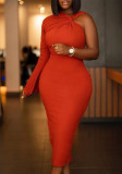 Solid Single Sleeve Fitted Midi Dress