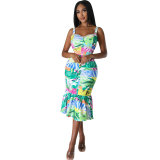 Print Floral Sleeveless Straps Mermaid Midi Dress