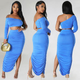 One Shoulder Long Sleeve Crop Top Sexy Tight Ruched Irregular 2PCS Skirt Set