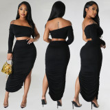 One Shoulder Long Sleeve Crop Top Sexy Tight Ruched Irregular 2PCS Skirt Set