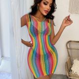 High Stretch Colorful Fishnet Night Dress Sexy See Through Hollow Erotic Lingerie