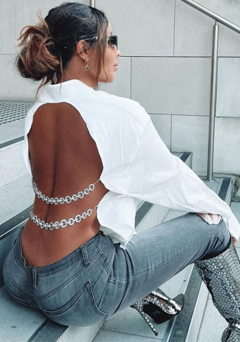 Open Back Chain Decoration Long Sleeve White Shirt