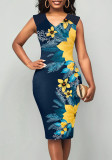 Sexy Print Sleeveless Floral V-Neck Career Dress