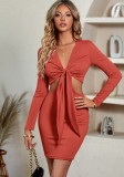 Sexy Solid Long Sleeve Knot V-Neck Cutout Bodycon Dress