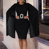 Plus Size Solid Bodycon Pleated Cape Sleeve Midi Dress