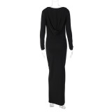 Solid Plunge Long Sleeves Hooded Bodycon Maxi Dress