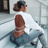 Open Back Chain Decoration Long Sleeve White Shirt