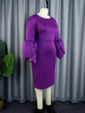 Purple Petal Sleeves Slim Waist Elegant Midi Dress