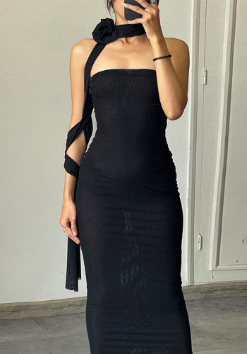 Strapless Black Mesh Sexy Fit Party Midi Dress