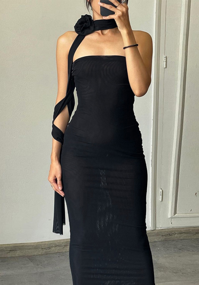 Strapless Black Mesh Sexy Fit Party Midi Dress