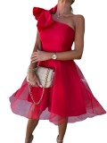 Solid One Shoulder Sleeveless Mesh Patchwork Party Dress