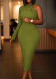 Solid Single Sleeve Fitted Midi Dress
