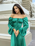 Sexy Long Sleeve Satin Off Shoulder Slit Tie Front Maxi Dress