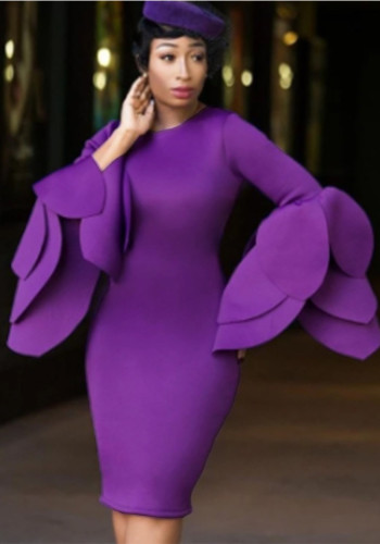Purple Petal Sleeves Slim Waist Elegant Midi Dress