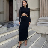 Black Mesh Patchwork Maxi Dress Solid Long Sleeve Round Neck Long Dress