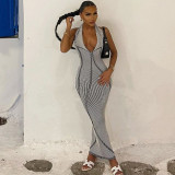 Sexy Plunge Neck Backless Tie Print Maxi Dress