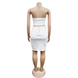 Solid Lace-Up Strapless Crop Top Zipper Mini Skirt 2PCS Set