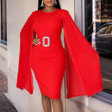 Plus Size Solid Bodycon Pleated Cape Sleeve Midi Dress