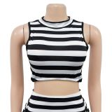 Trendy Striped Sleeveless Crop Top Ruffle Long Bodycon Skirt 2PCS Set