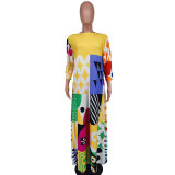 Print 3/4 Sleeve Color Block Loose Maxi Dress