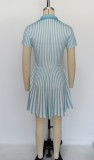 Stripe V Neck Short Sleeve Print Midi Dress