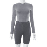 Women's Contrast Tight Long Sleeve Top and Shorts 2PCS Set