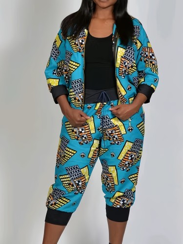 Print Plus Size Fashion Casual 2PCS Jacket and Cropped Trackpants Set