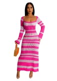 Knitting Hollow Out Long Sleeve Square Neck Striped Maxi Dress