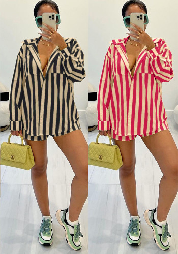 Fashion Striped Shirt Loose Two Piece Shorts Set