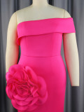 Hot Pink Strapless 3D Flower Long Slit Dress