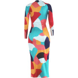 Plus Size Geometric Print Long Sleeve Cutout Midi Dress