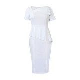 Solid Short Sleeve Fashion Slash Shoulder Peplum Dress