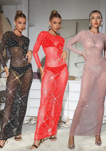 Solid Mesh Rhinestone Long Sleeve See Through Maxi Dress