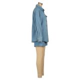 Blue Denim Jacket and Shorts Casual 2PCS Set