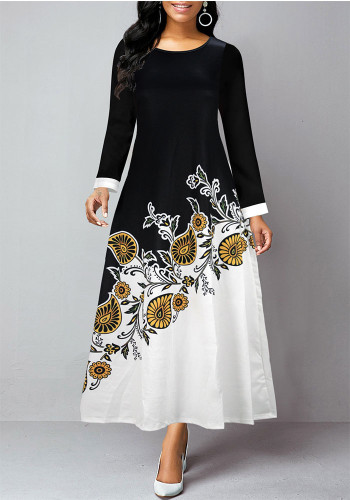 Elegant Full Sleeve Round Neck Print Long Dress