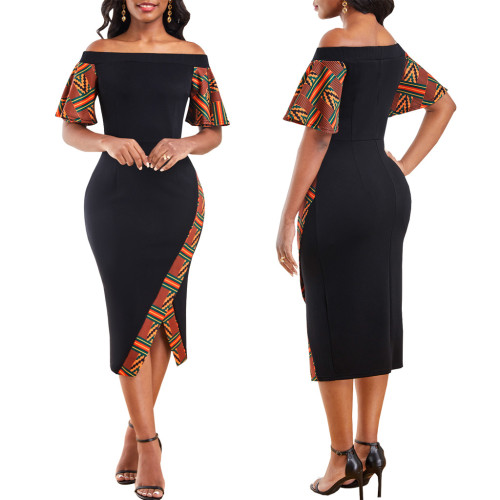 Sexy Printing Splicing Short Sleeve Off Shoulder Midi Dress