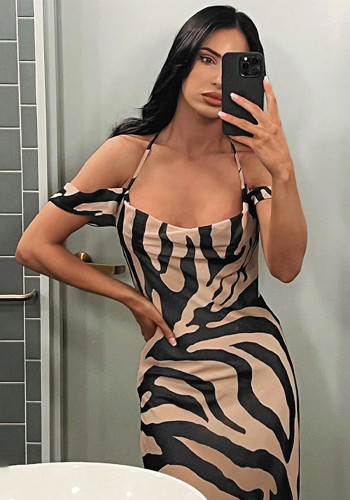 Trendy Printed Slim Dress Off Shoulder Low Back Straps Maxi Dress