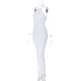 White Halter Low Back Slim Fit Side Slit Irregular Dress