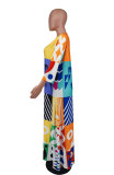 Print 3/4 Sleeve Color Block Loose Maxi Dress