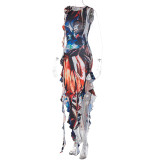 Abstract Print Round Neck Sleeveless Ruffles Irregular Maxi Dress