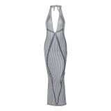 Sexy Plunge Neck Backless Tie Print Maxi Dress